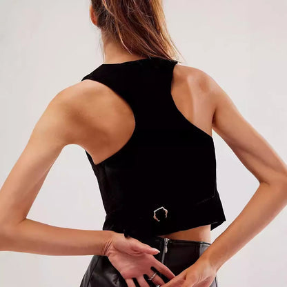 Spring New Retro Black V-neck Sleeveless Top For Women