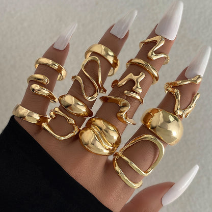 Gold Lava Line Irregular Water Drop Glossy Ring Set