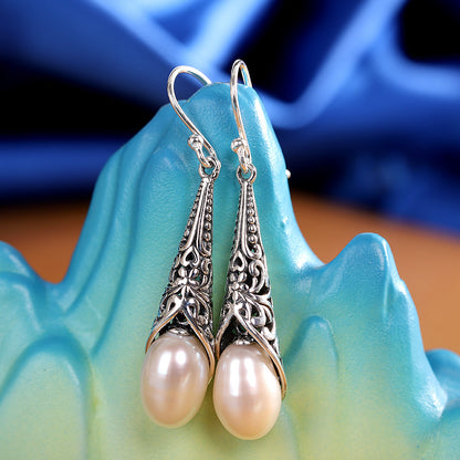 S925 Silver Inlaid Baroque Long Pearl Earrings