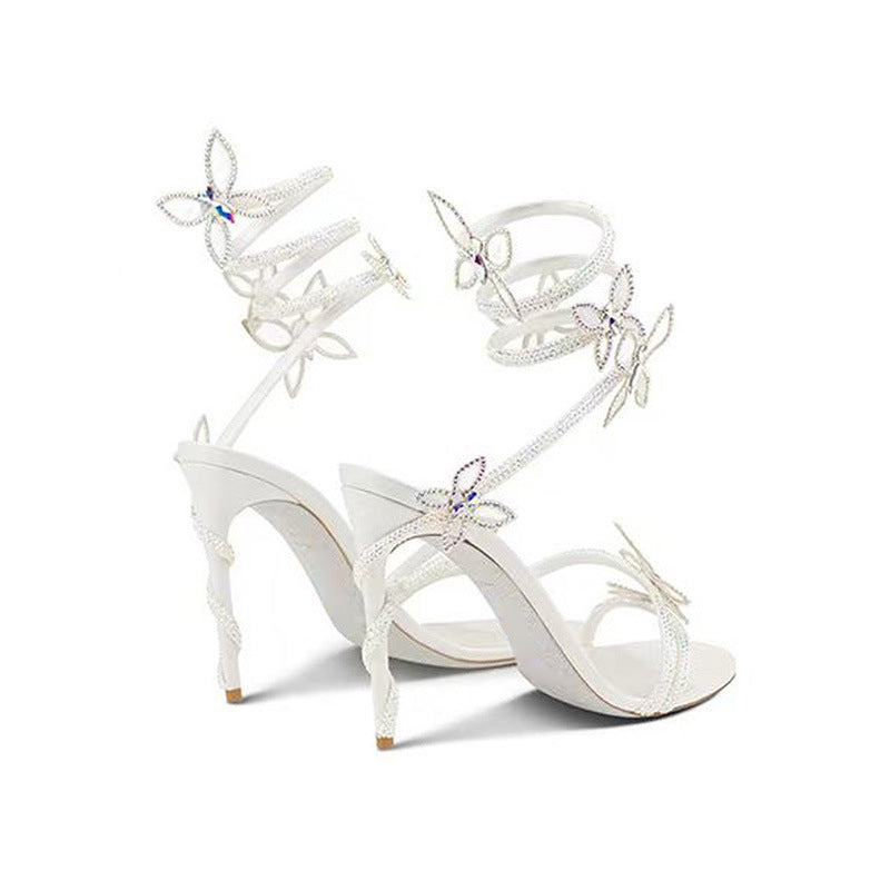 Snake Butterfly Rhinestone Flower Stiletto Heel Roman Sandals