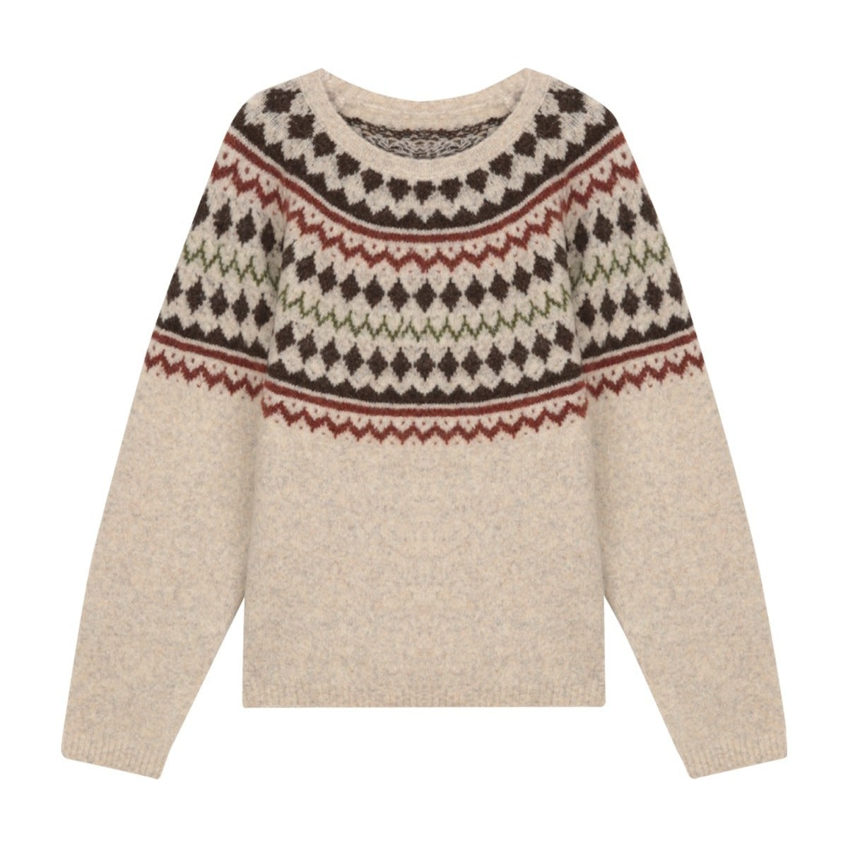 Wool Fair Isle Knit Crewneck Sweater Women Soft Top