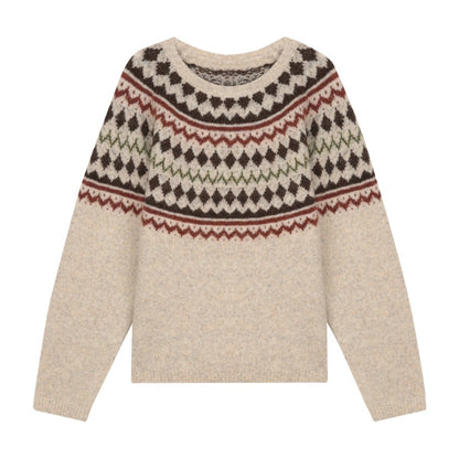 Wool Fair Isle Knit Crewneck Sweater Women Soft Top
