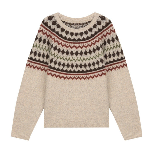 Wool Fair Isle Knit Crewneck Sweater Women Soft Top