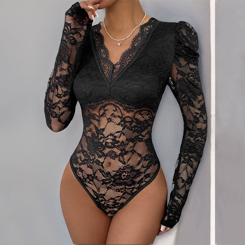 Lace patchwork bubble long sleeved slim fitting jumpsuit