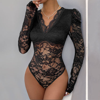 Lace patchwork bubble long sleeved slim fitting jumpsuit