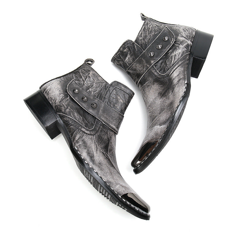 Chunky Heel Cowhide Gray Lace-up Motorcycle Boots Hairstylist Leather Boots