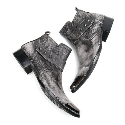 Chunky Heel Cowhide Gray Lace-up Motorcycle Boots Hairstylist Leather Boots