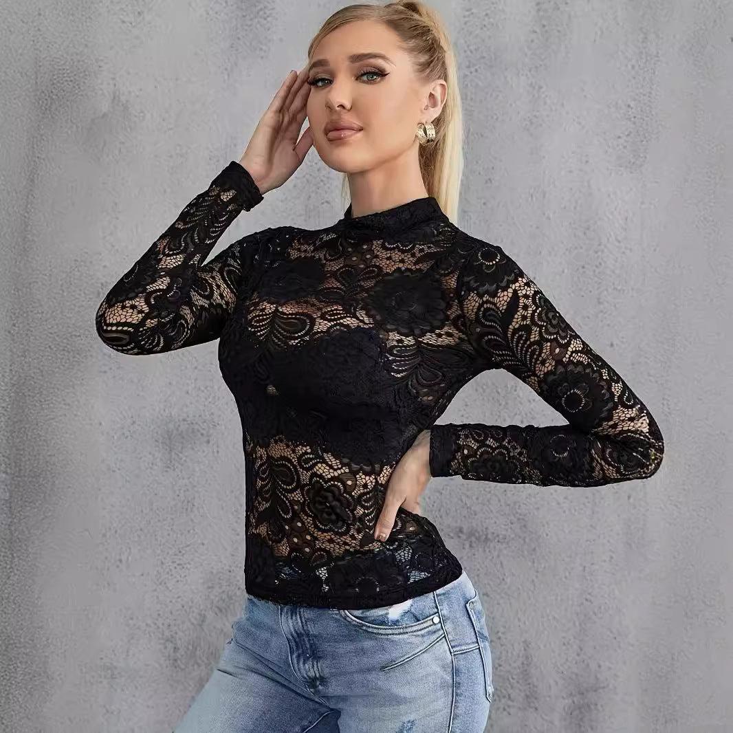 Fashionable All-match Lace Slimming Outside Wear T-shirt Long Sleeve - SD & CO.