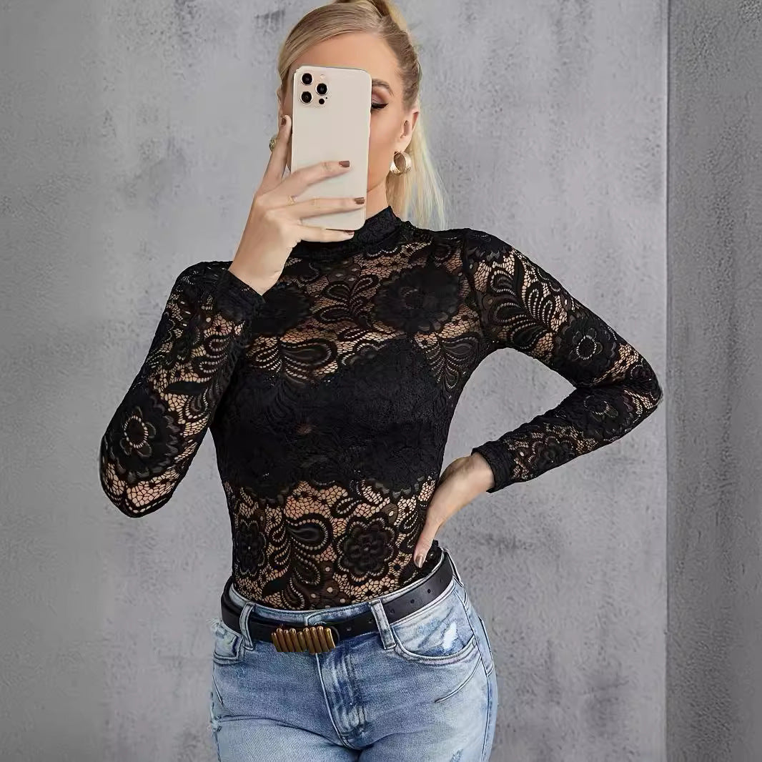 Fashionable All-match Lace Slimming Outside Wear T-shirt Long Sleeve - SD & CO.
