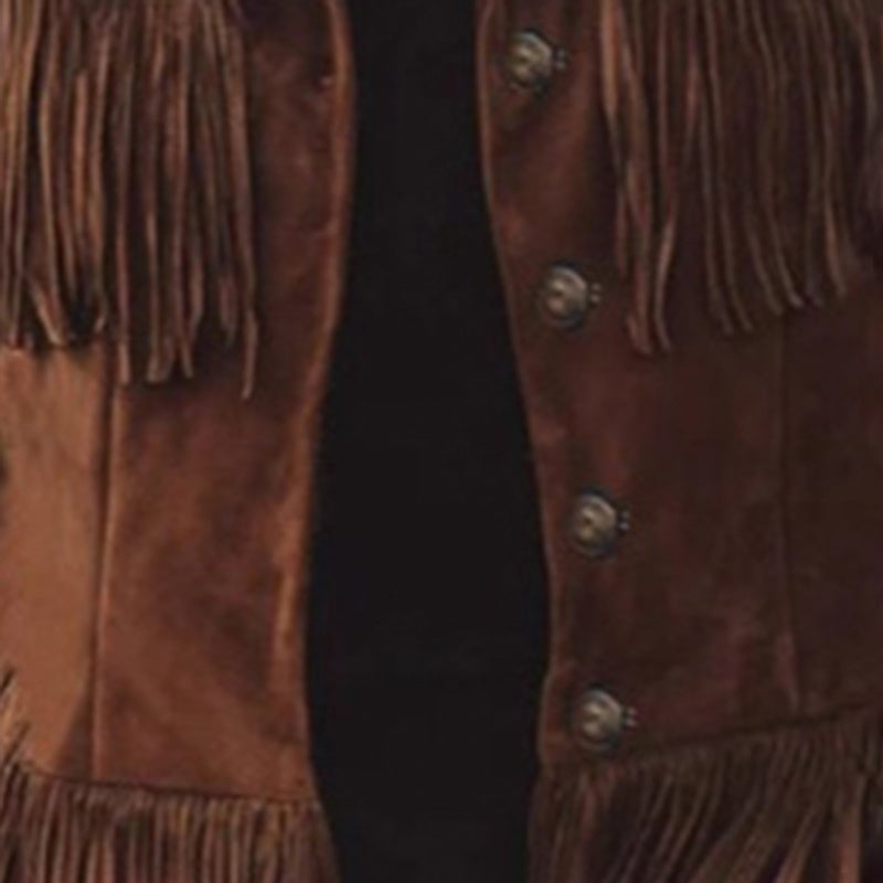 Women's Solid Color Fringe Suede-Look Jacket, Western Style Long Sleeve Button Front Coat For Fall & Winter - SD & CO.
