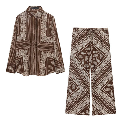 Straight Loose Printed Casual Shirt With Mid-waist Floor-length Wide-leg Pants