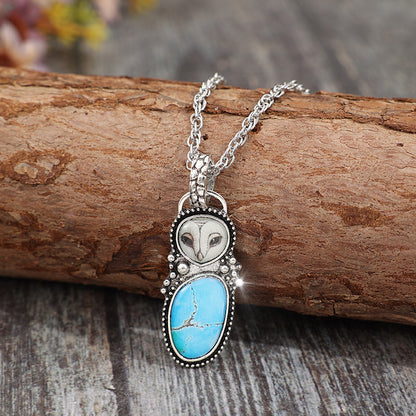 Vintage Animal Owl Pendant With Turquoise Alloy Necklace