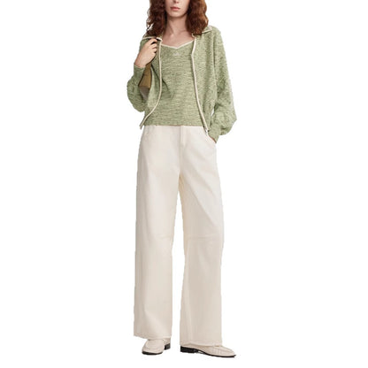 Simple Ribbed Waist-Cinched Women's Knit Sweater, Outdoor Sporty V-Neck Jacket