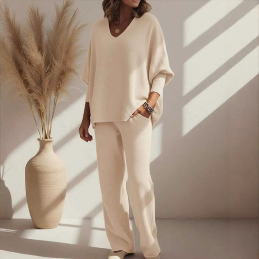 V-neck Long-sleeved Top Knitted Home Pants Suit 2-piece Set