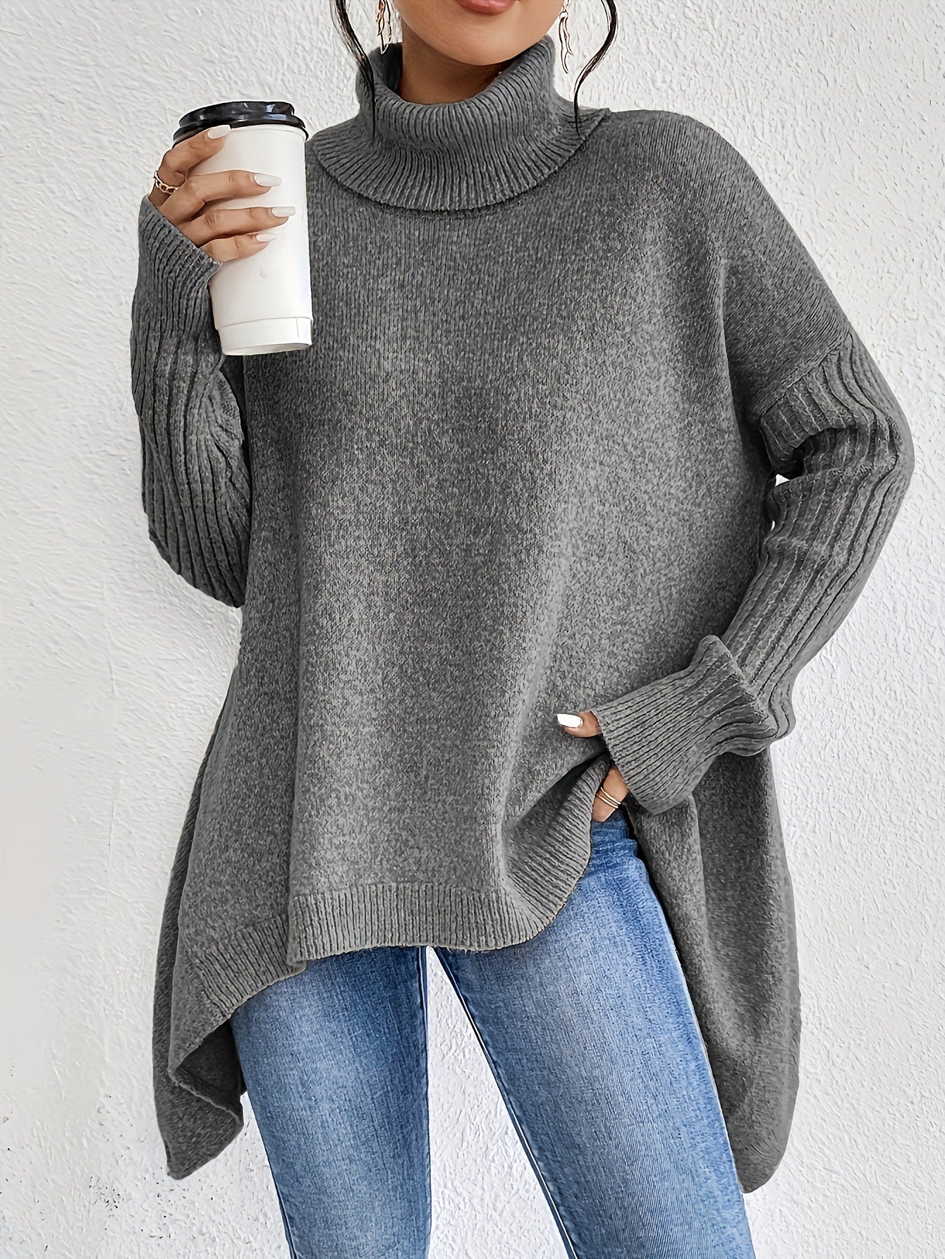 Irregular Turtleneck Sweater Winter Loose Long Sleeve Knitted Tops Leisure Warm Pullover Sweater Women's Clothing - SD & CO.