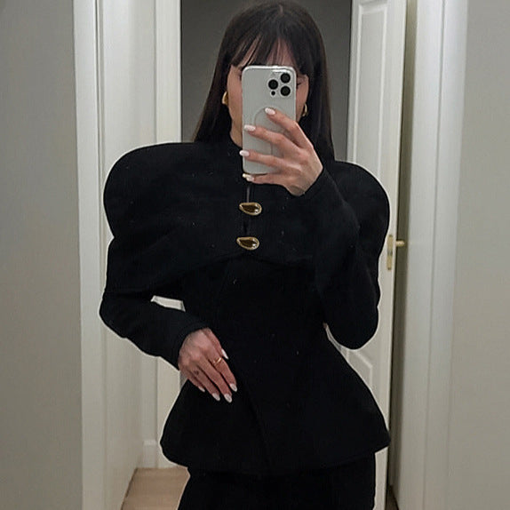 Retro Black Color Pleats Button Slim Top - SD & CO.