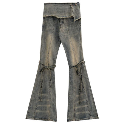 American Retro Layered Party Jeans For Women, Distressed Wash