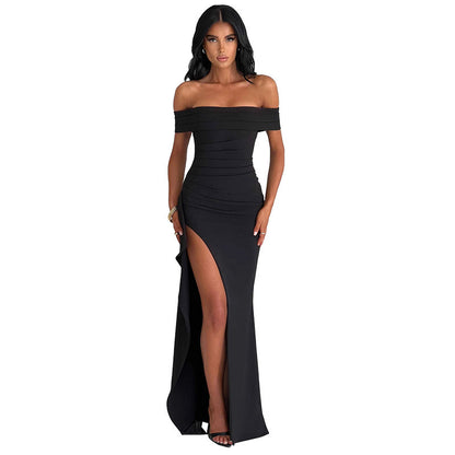 One shoulder slit elegant slim fit dress for women long skirt