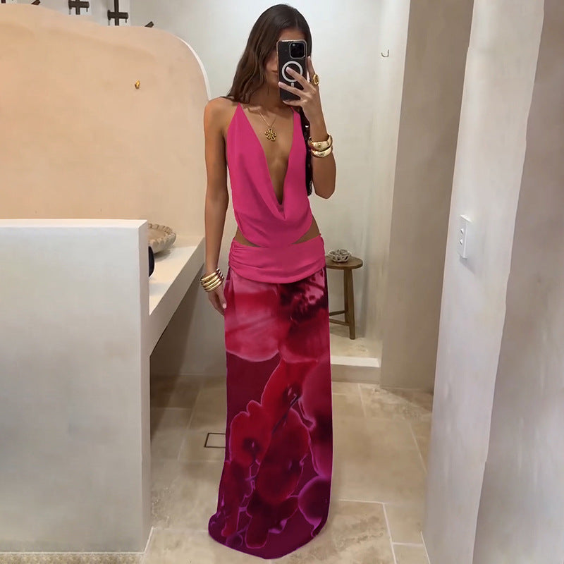 Backless Slim Fit Printed Polyester Women's Maxi Dress
