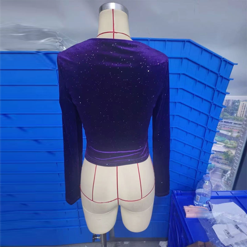 Women's Sexy Solid Color Velvet V-Neck Top, Sequin Detail Long Sleeve Blouse For Layering And Holiday Wear