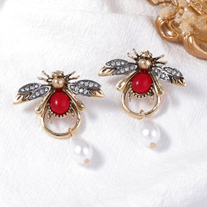 Personality Temperament Alloy Insect Bee Water Drop Imitation Pearl Earrings