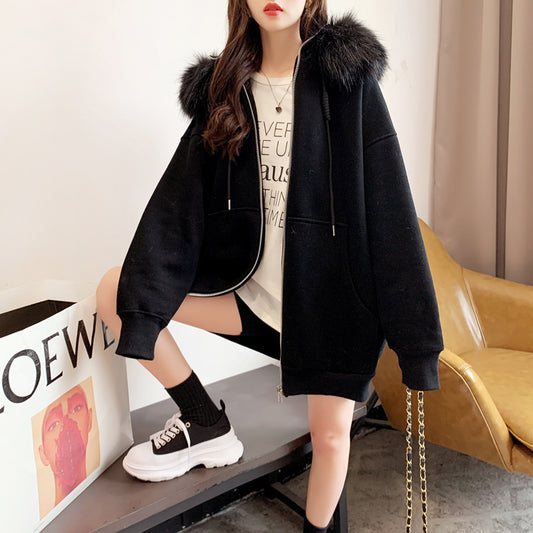 Plus Size Fleece-lined Thicker Hooded Cardigan Sweater Loose Design