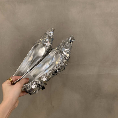 French Minority High Heel Silver Temperament Closed Toe Sandals