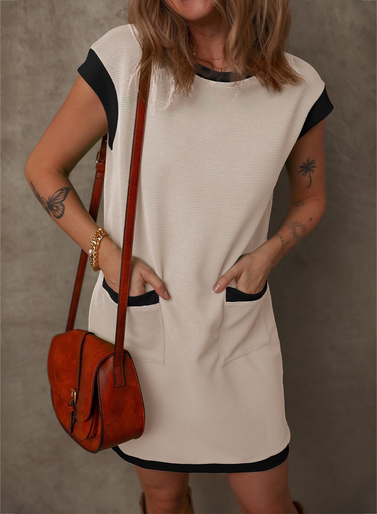 Women's Pullover Pocket Flap Sleeve Color-blocked Straight Dress