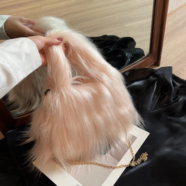 Winter Faux Fur Shoulder Bag for Women Trendy Fuzzy Handbags Plush Crossbody Bag Fluffy Tote Bag Handle Mobile Phone Bag