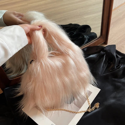 Winter Faux Fur Shoulder Bag for Women Trendy Fuzzy Handbags Plush Crossbody Bag Fluffy Tote Bag Handle Mobile Phone Bag