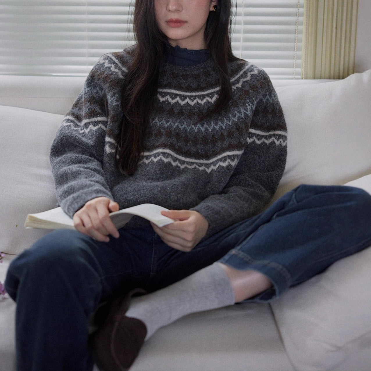 Wool Fair Isle Knit Crewneck Sweater Women Soft Top