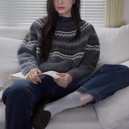 Wool Fair Isle Knit Crewneck Sweater Women Soft Top