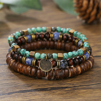 Retro Men's Coconut Wood Multi-Layer Stackable Bracelet Set