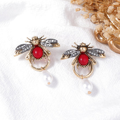 Personality Temperament Alloy Insect Bee Water Drop Imitation Pearl Earrings