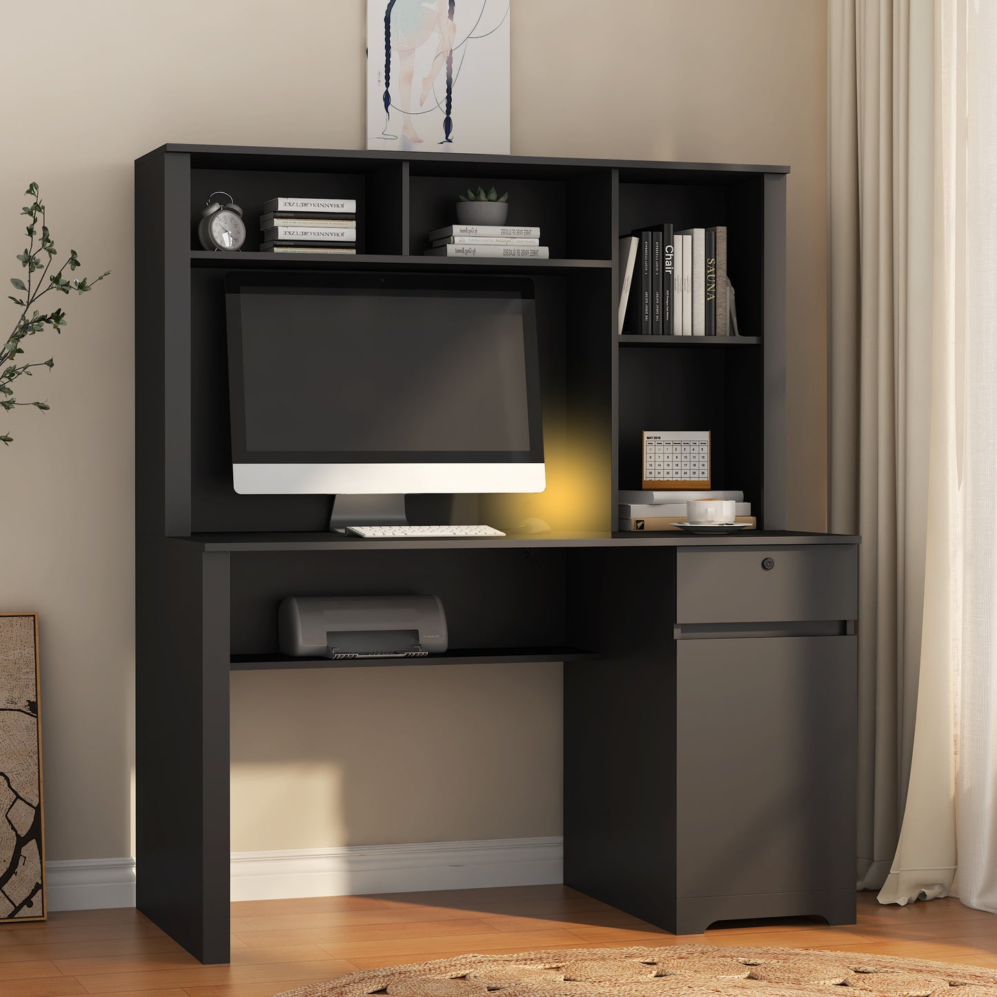 Computer Desk With Hutch & Bookshelf,Wood Executive Desk Teens Student Desk Writing Laptop Home Office Desk With Drawers,3 AC Outlets And 2 USB Charging Ports,Study Laptop Table For Home