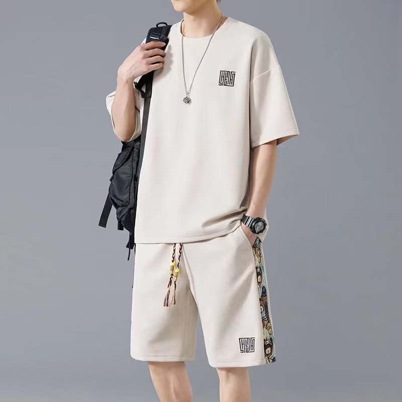 Waffle Embroidery Summer Loose All-match Short Sleeve Two-piece Set - SD & CO.