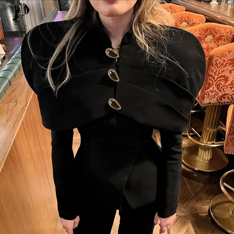 Retro Black Color Pleats Button Slim Top - SD & CO.