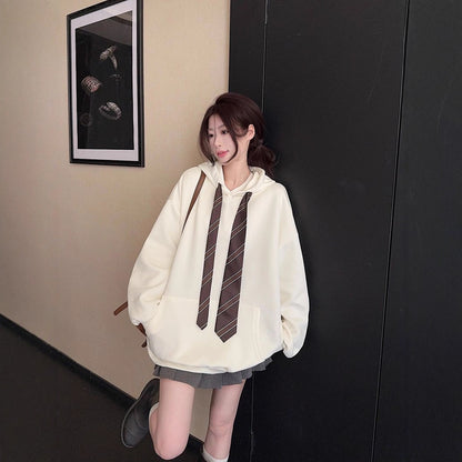 Loose Casual Women's Hooded Tie Sweatshirt