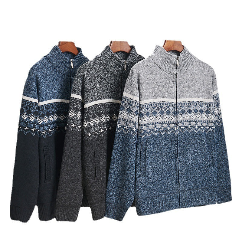 Velvet Thickening Sweater Men's Stand Collar Assorted Colors Retro Jacquard Knitted Cardigan - SD & CO.