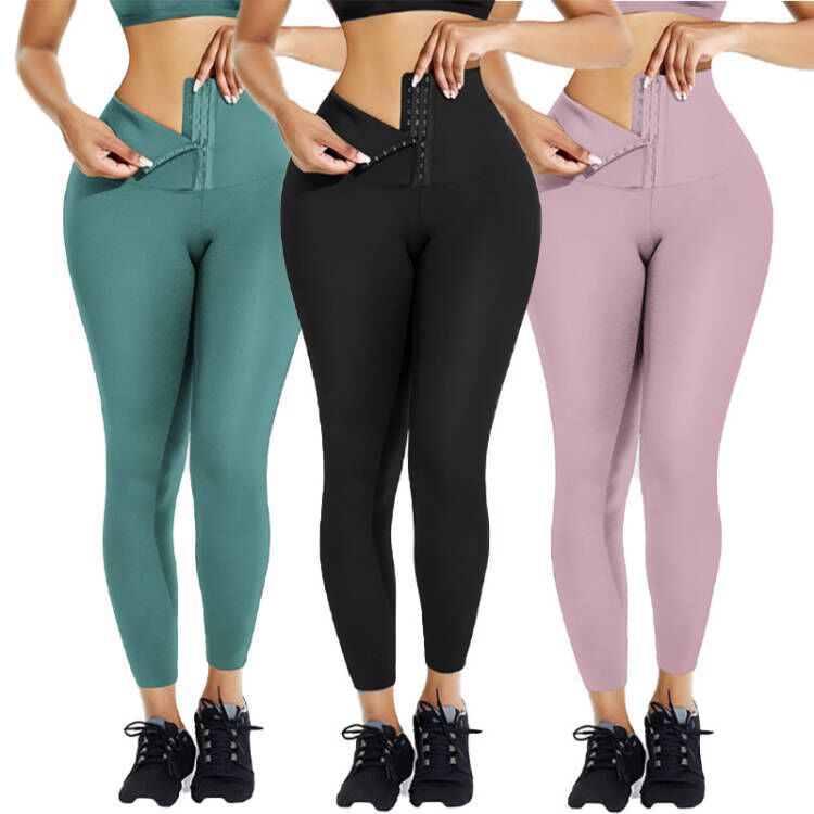 Women's High-Waist Sports Tummy Control Skinny Pants with Outer Snap Button Waistband