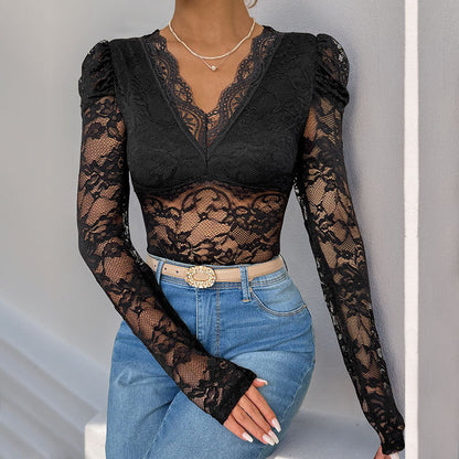 Lace patchwork bubble long sleeved slim fitting jumpsuit