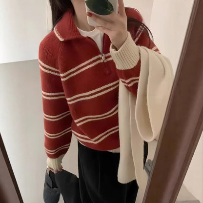 Polo Neck Striped Crewneck Sweater for Women, Turn-down Collar Half-zip Soft and Youthful Thick Knit Top