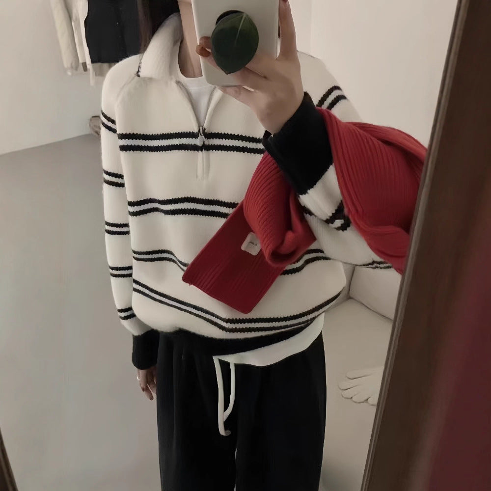 Polo Neck Striped Crewneck Sweater for Women, Turn-down Collar Half-zip Soft and Youthful Thick Knit Top