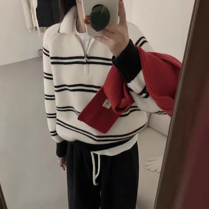 Polo Neck Striped Crewneck Sweater for Women, Turn-down Collar Half-zip Soft and Youthful Thick Knit Top