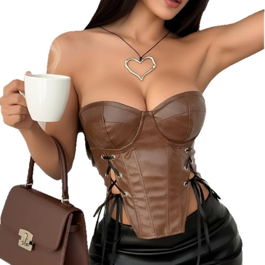 Low cut off shoulder back hollowed out strapless top vest