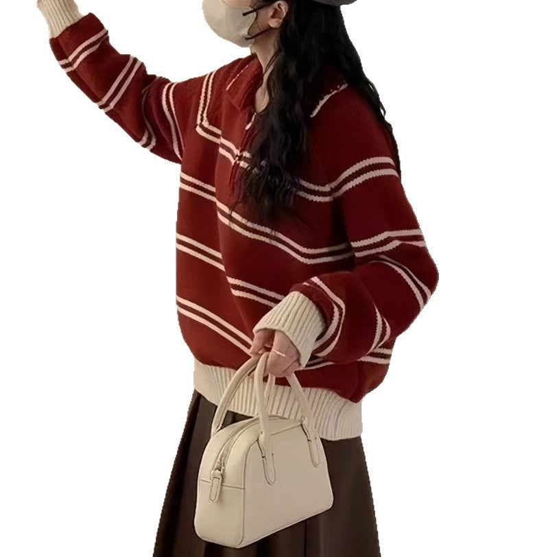 Polo Neck Striped Crewneck Sweater for Women, Turn-down Collar Half-zip Soft and Youthful Thick Knit Top