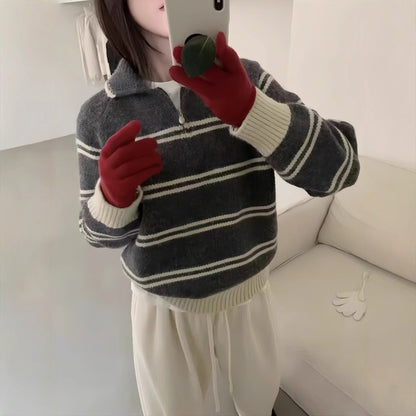Polo Neck Striped Crewneck Sweater for Women, Turn-down Collar Half-zip Soft and Youthful Thick Knit Top