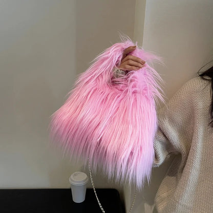 Winter Faux Fur Shoulder Bag for Women Trendy Fuzzy Handbags Plush Crossbody Bag Fluffy Tote Bag Handle Mobile Phone Bag