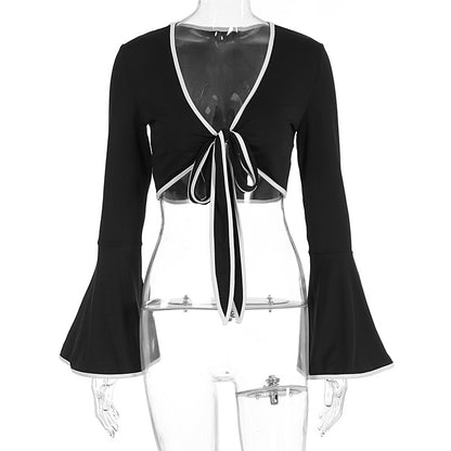 Copy of V-neck lace up long sleeved sexy spicy girl short top