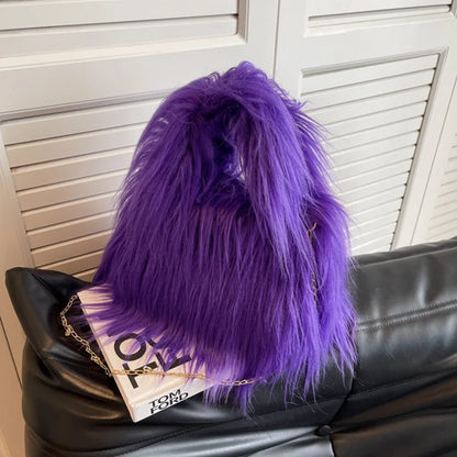 Winter Faux Fur Shoulder Bag for Women Trendy Fuzzy Handbags Plush Crossbody Bag Fluffy Tote Bag Handle Mobile Phone Bag